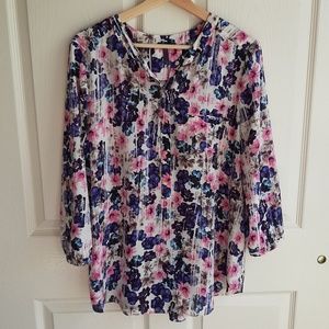 NYDJ Pink Floral Pintuck Henley Blouse Size Large